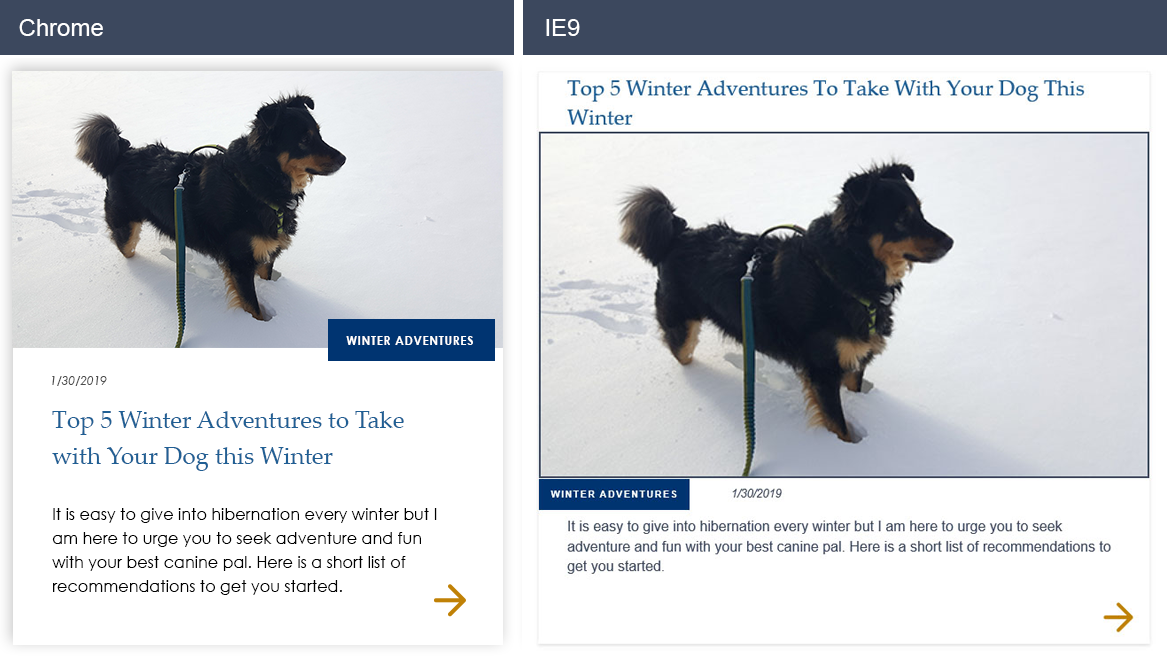 comparison of the blog post example between Chrome and IE9. Very small amount of visual difference between the two.